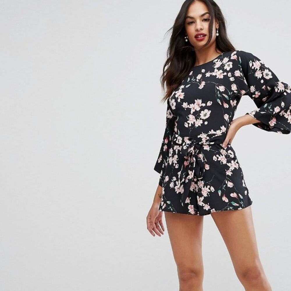 Asos Kimono Sleeve Black Floral Print Open Back Womens Belted Shorts Romper 4